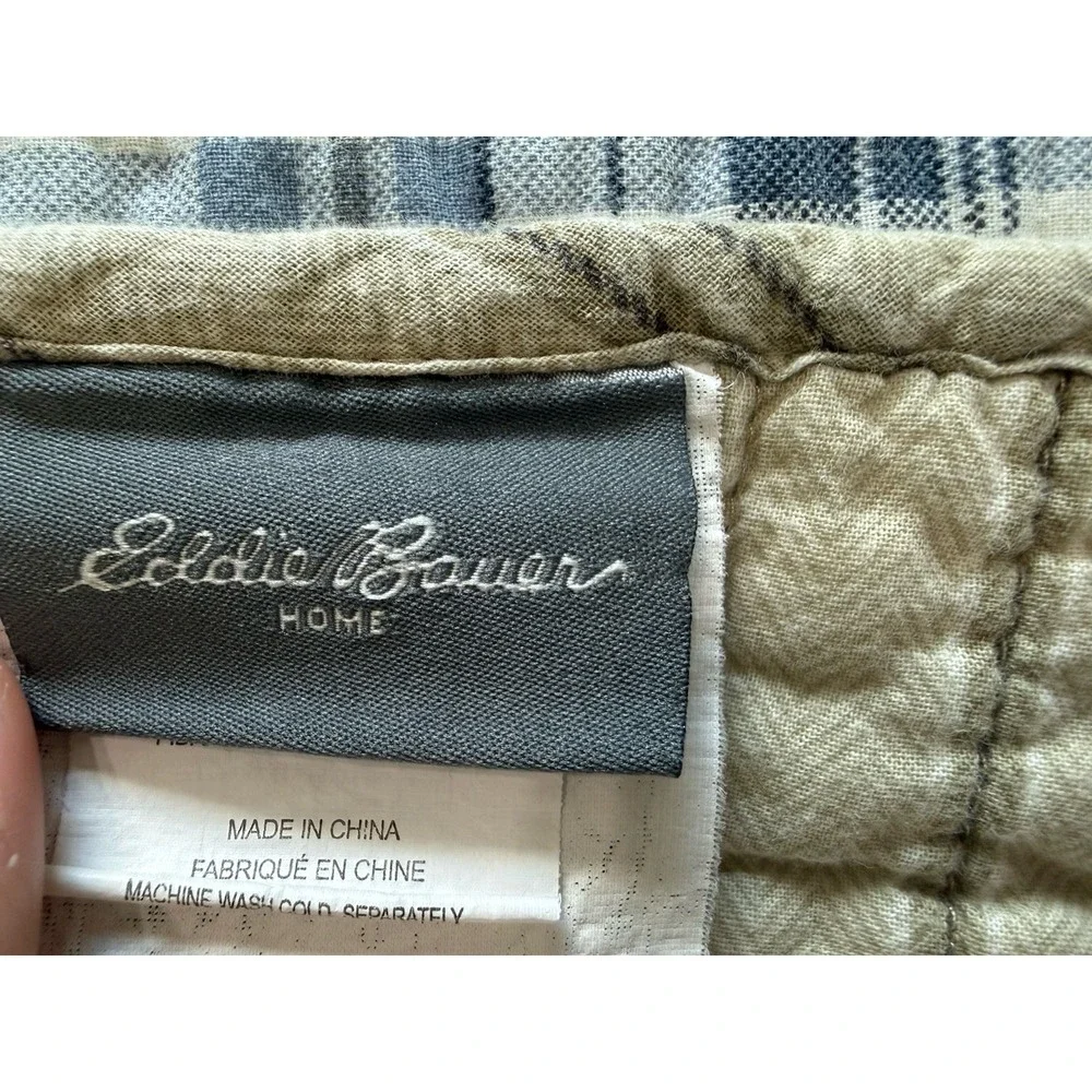 Eddie Bauer Plaid Quilt Blue Gray Cream Twin Throw Vtg 90s Rustic Cabin Cottage